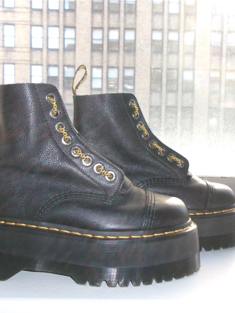 Dr. Martens Sinclair Black Leather Platform Ankle Boots with Yellow Stitching - Picture 5 of 10